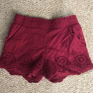 Maroon Woven High Rise Lace Shorts